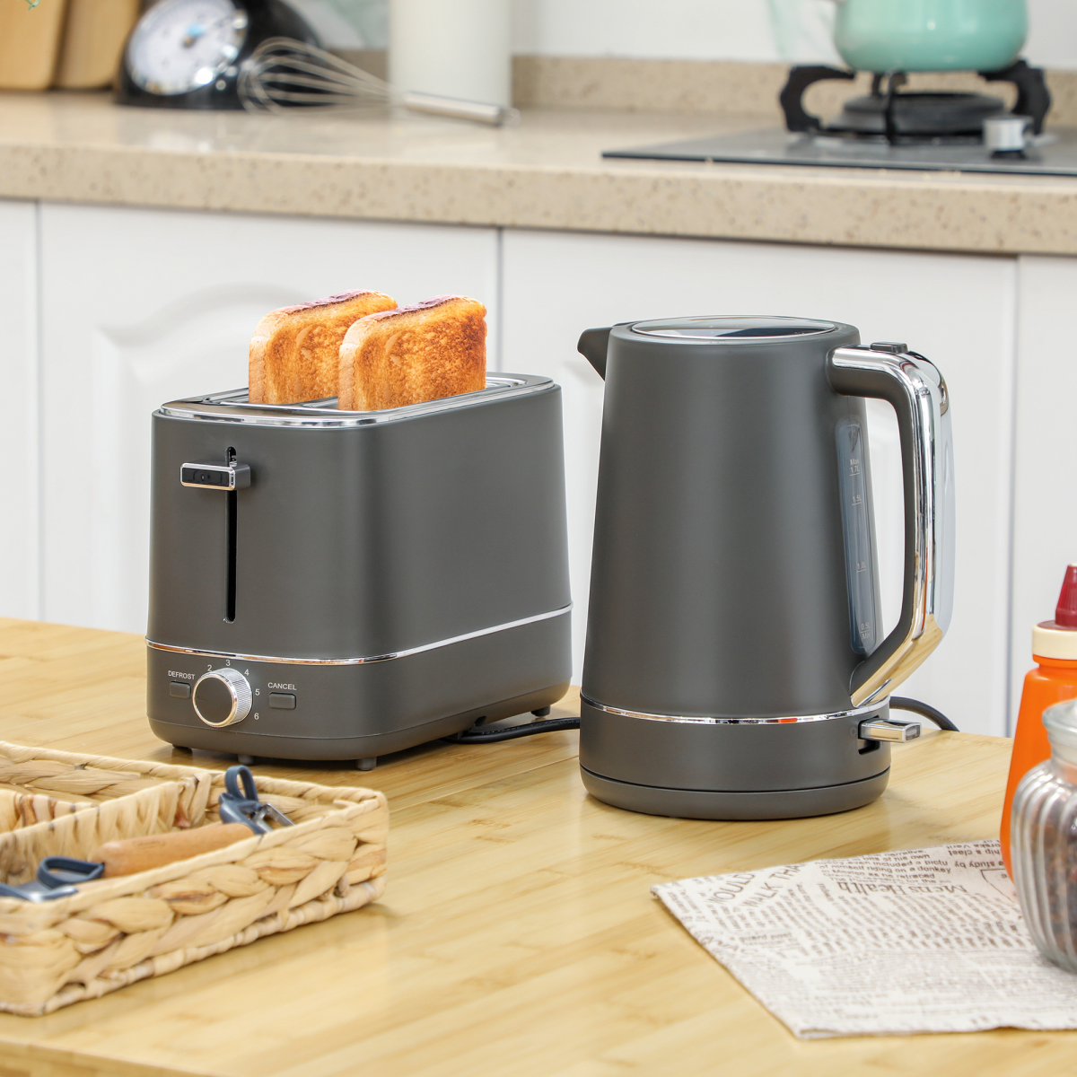 HOMCOM Grey 1.7L Fast Boil Kettle and 2-Slice Toaster Set