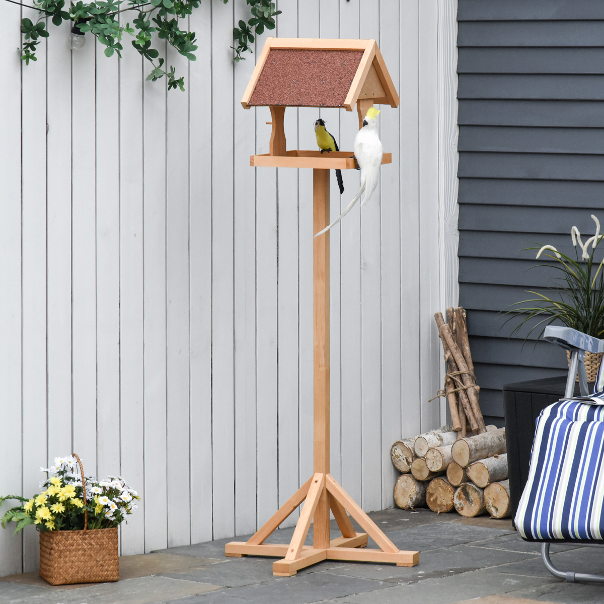 Pawhut Wooden Freestanding Bird Feeder Platform with Cross-Shaped Support Feet, Sturdy Fir Wood Frame, Non-Toxic Painted Finish, Sloped Asphalt Top