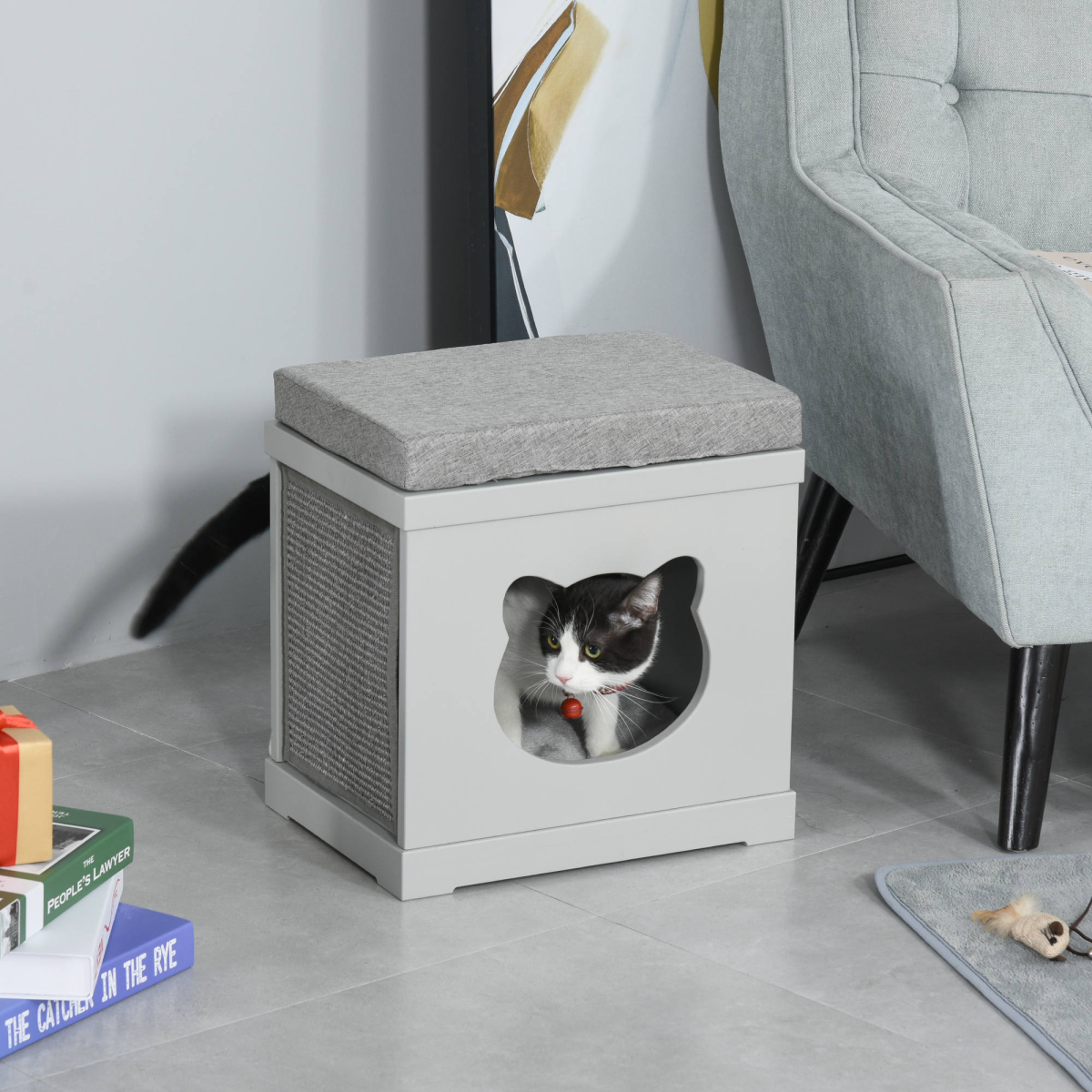 PawHut Cat House Bed Kitten Cave Cube Indoor with Soft Cushion and Two Sisal Scratching Pads, Grey