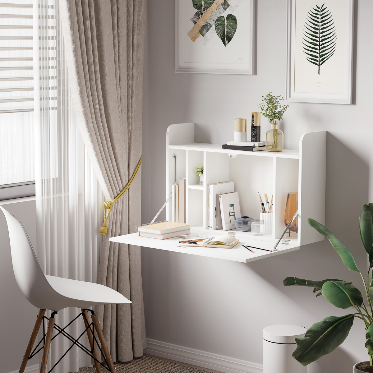 Wall Mounted Fold-Down Floating Computer Desk with Storage