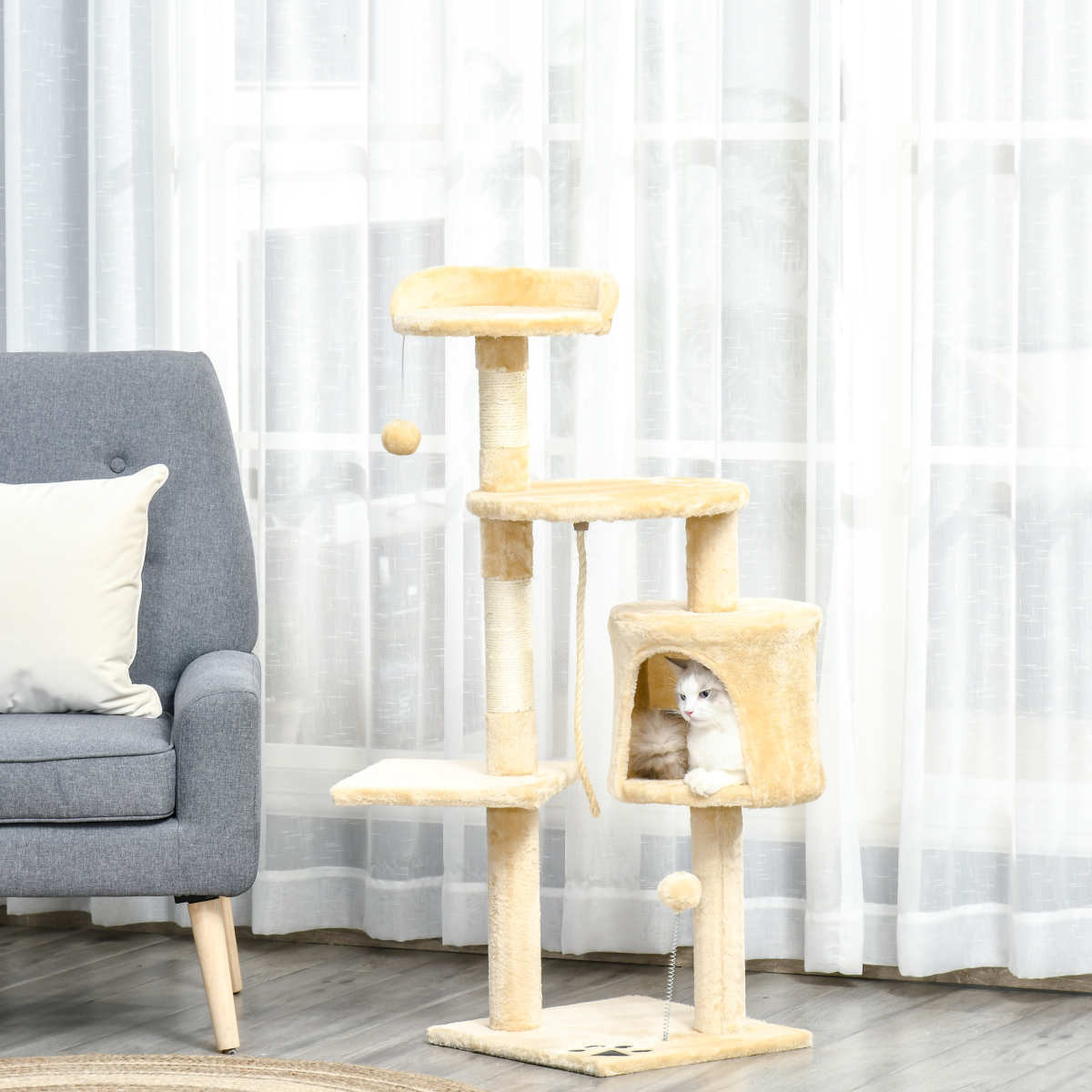 4-Tier Cat Tree Activity Centre with Scratching Posts, Toys, Condo Hideaway, 114cm