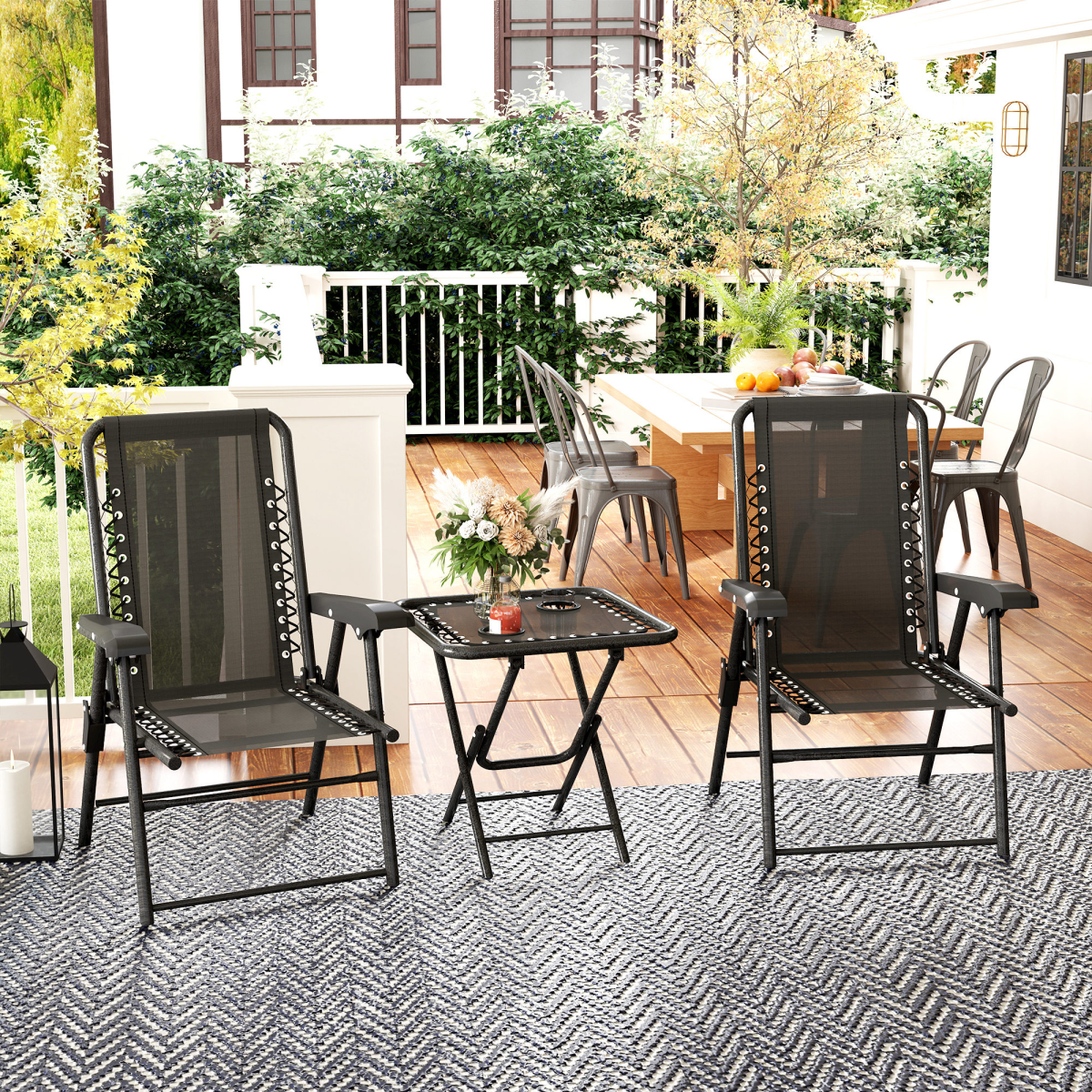 Outsunny 3-Piece Folding Garden Bistro Set with Cup Holders, Steel and Texteline, Black