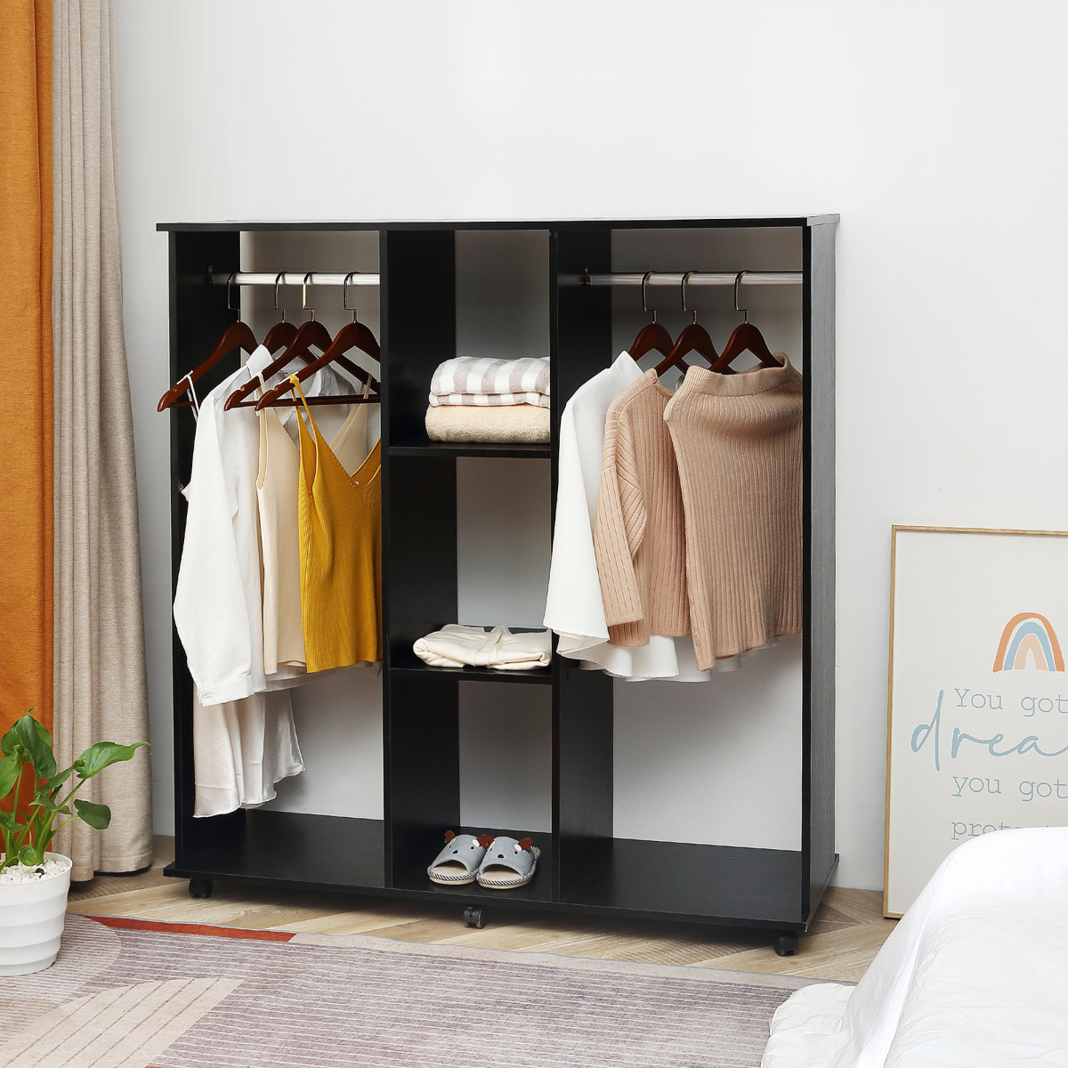 Unbranded 3-Tier Storage Rack with 2 Hanging Rails, 6 Wheels, 120 x 40 x 128 cm