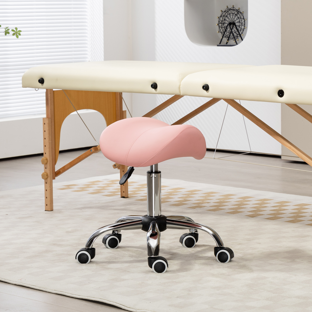 HOMCOM Pink PU Leather Saddle Stool with Padded Adjustable Seat