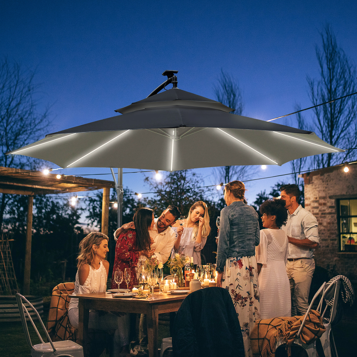 Outsunny 3m Offset Cantilever Parasol with Solar LED Lights, Black