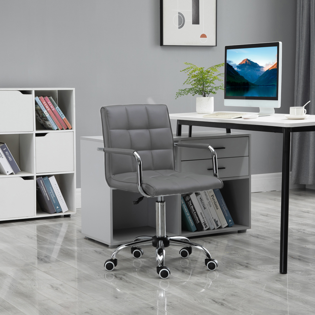 Vinsetto Grey Faux Leather Adjustable Swivel Desk Chair with Arms
