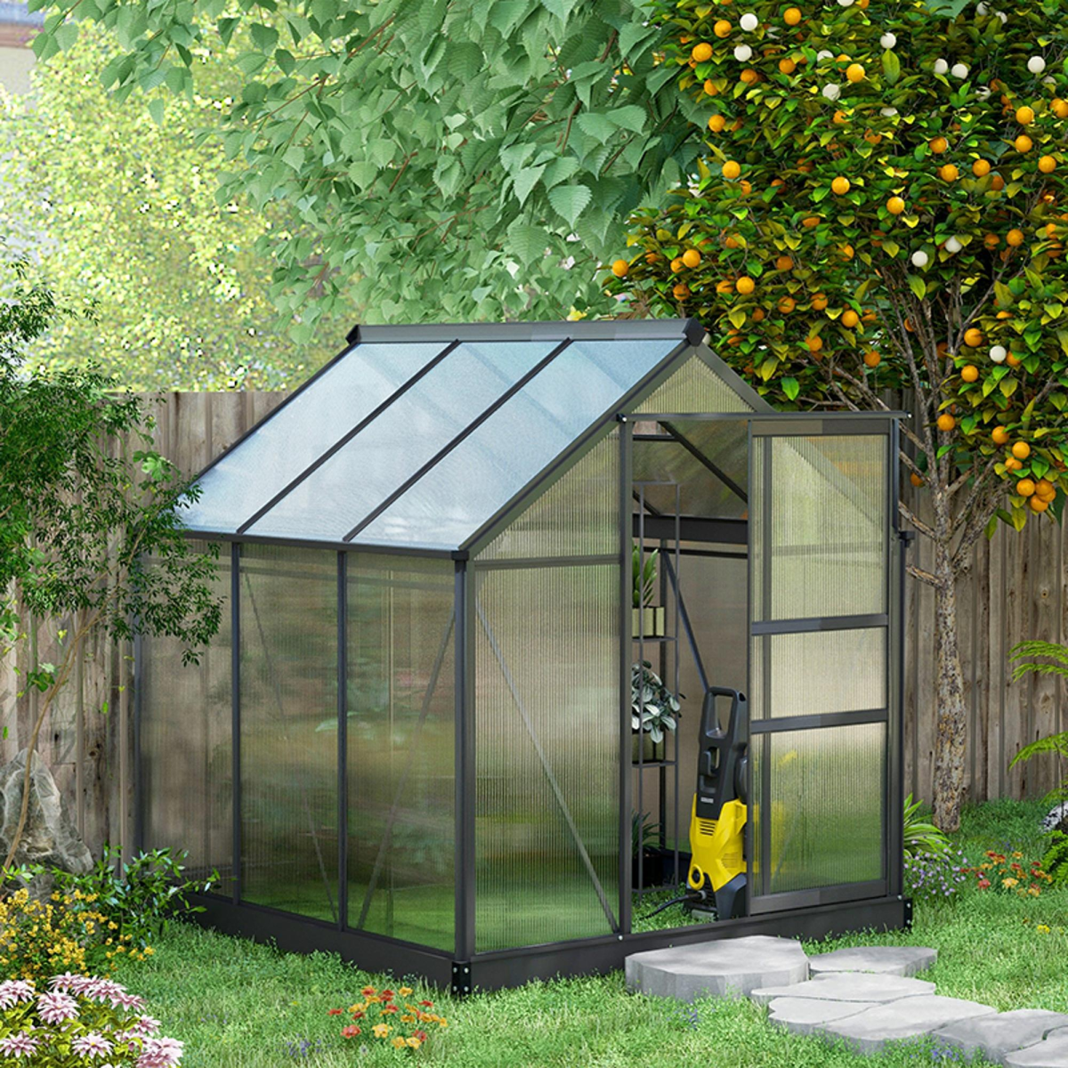 Outsunny 6x6ft Walk-In Polycarbonate Greenhouse, Aluminium Frame, Sliding Door