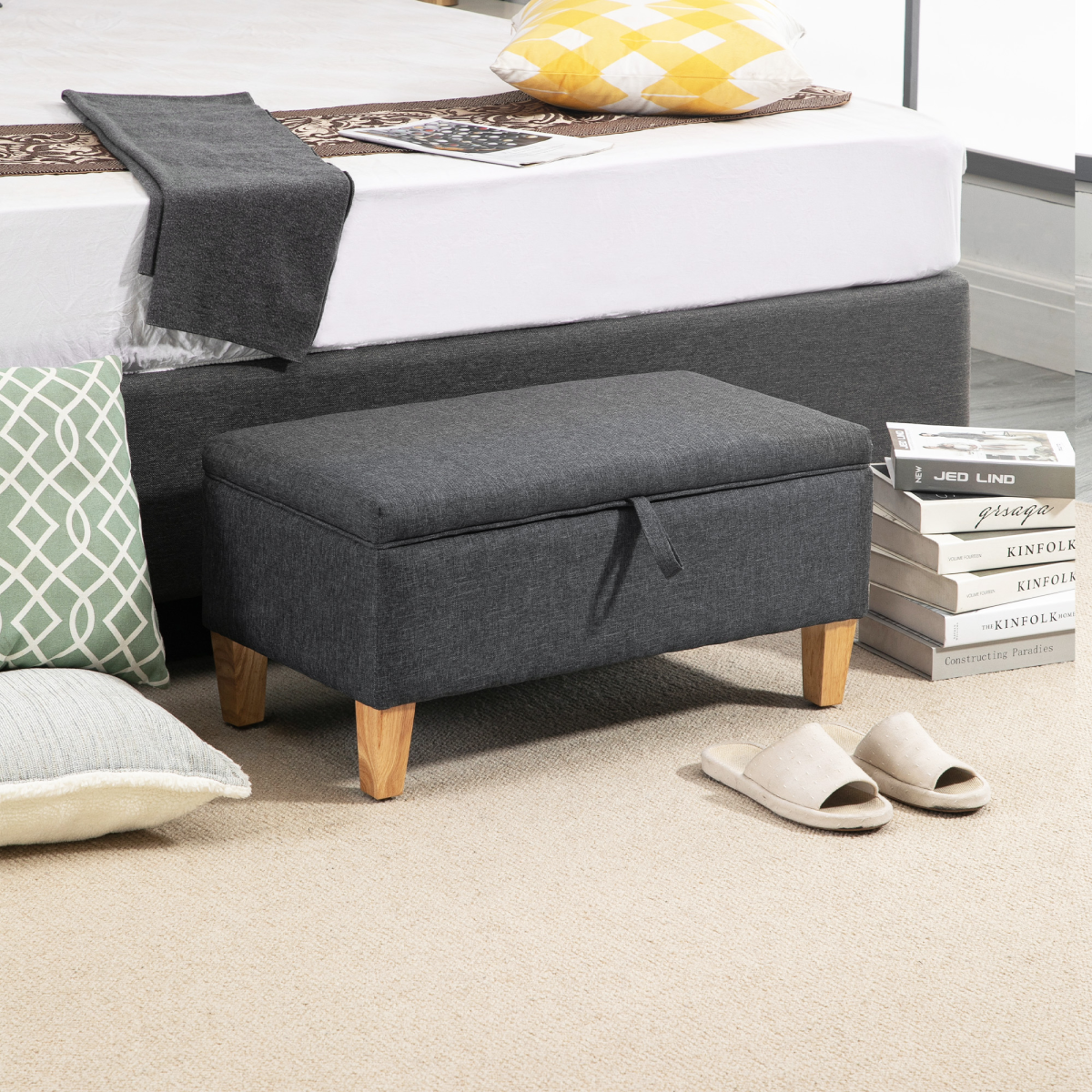 HOMCOM Grey Linen-Look Storage Ottoman Footstool, Padded Seat
