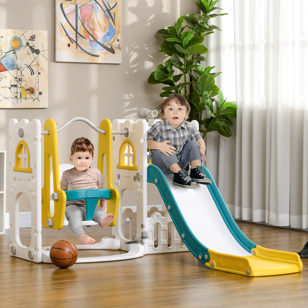 AIYAPLAY 6-in-1 Toddler Climber Playset with Slide, Swing, Hoop