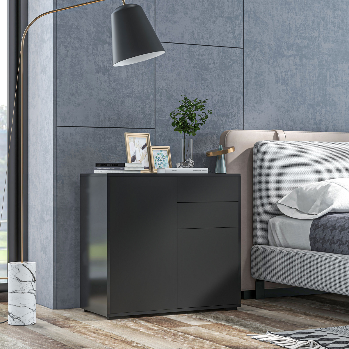 HOMCOM Black Side Cabinet with 2 Doors, 2 Drawers and Shelf