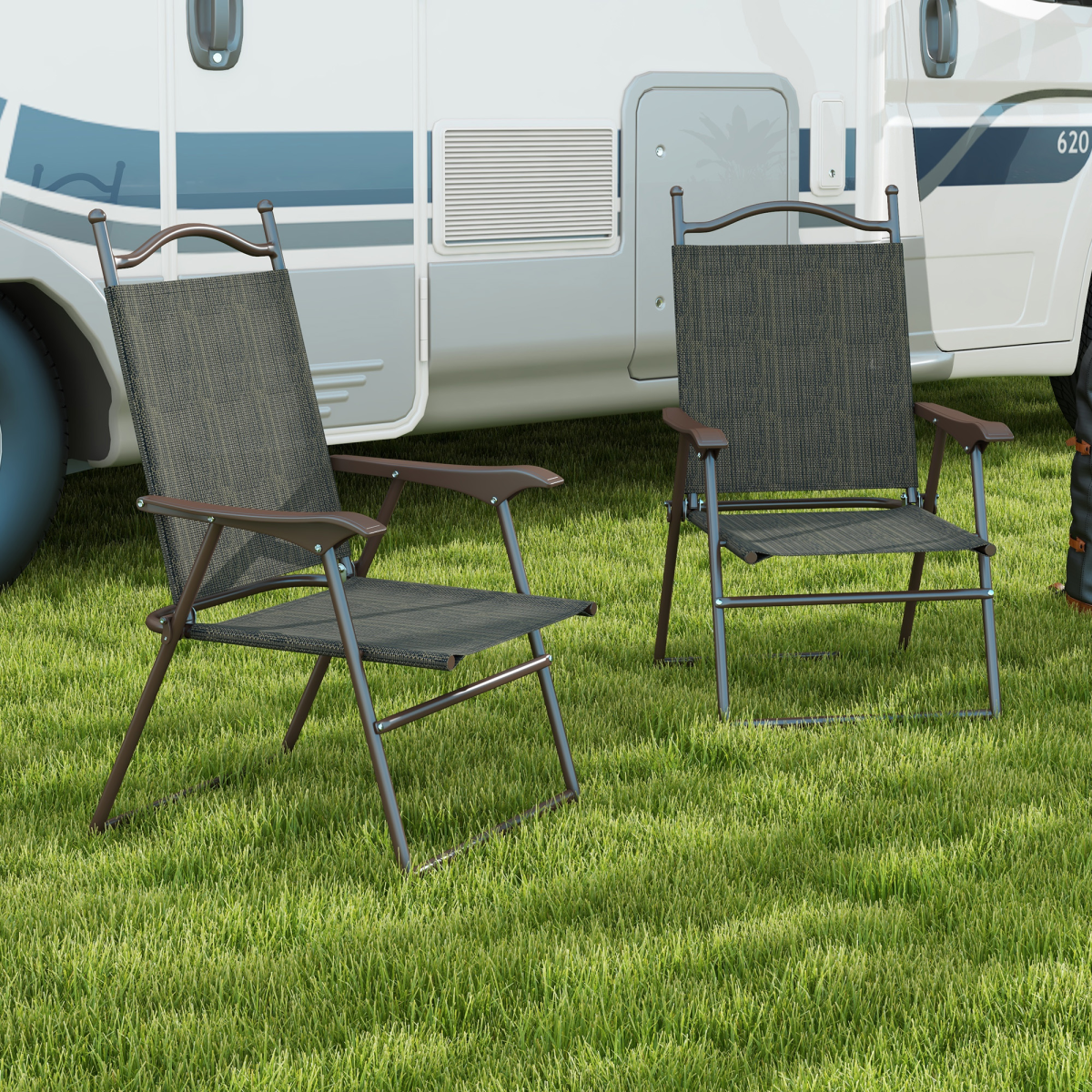 Outsunny Set of 2 Folding Chairs with Armrests and Breathable Mesh Seats