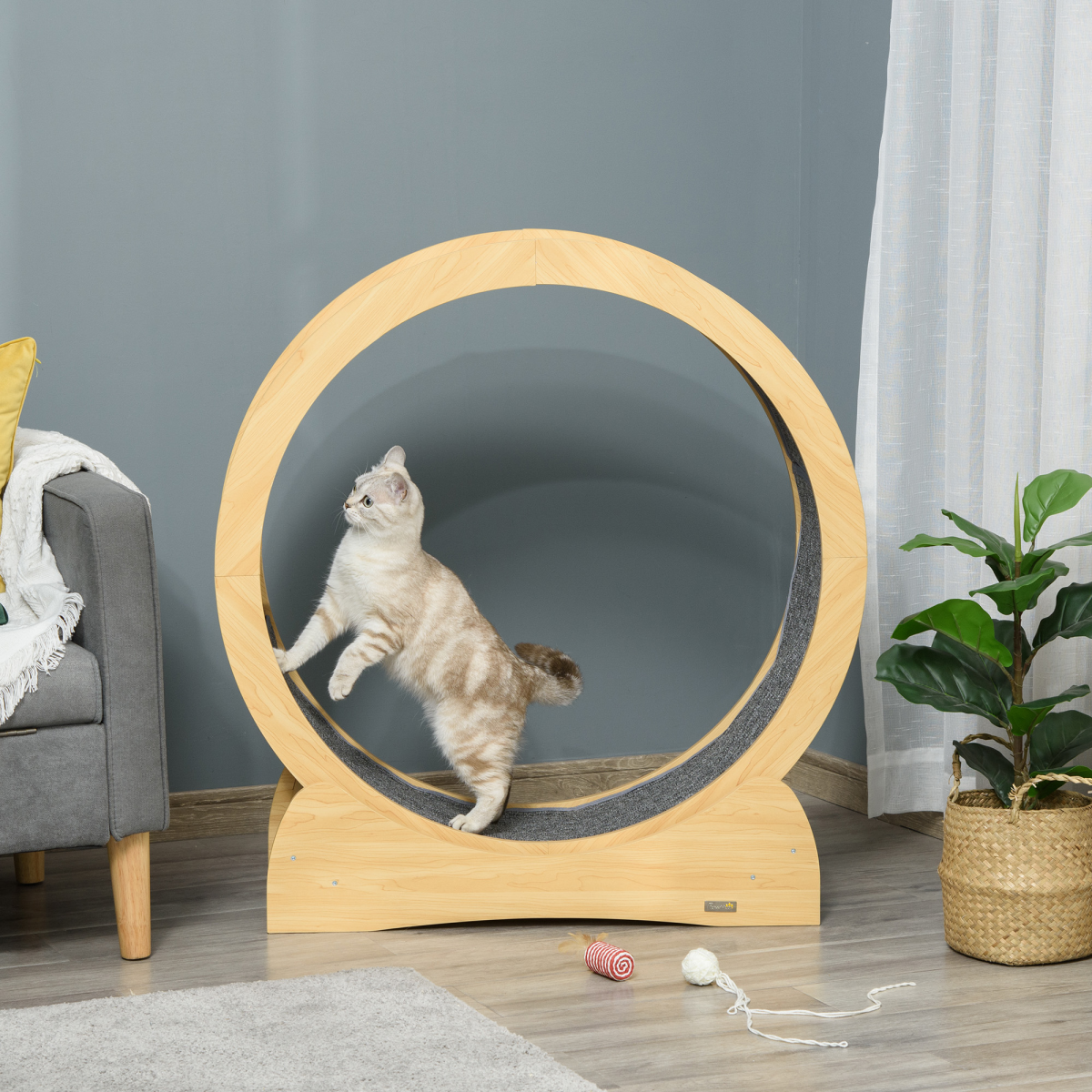PawHut Wooden Cat Running Wheel with Brake, Cat Exercise Wheel
