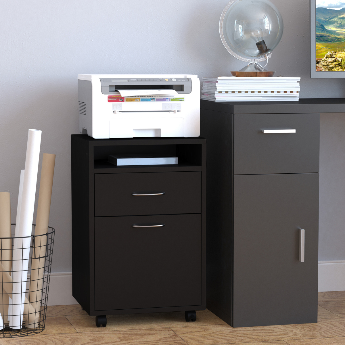 60cm Tall Storage Cabinet with Drawer, Open Shelf & Lockable Wheels, Black