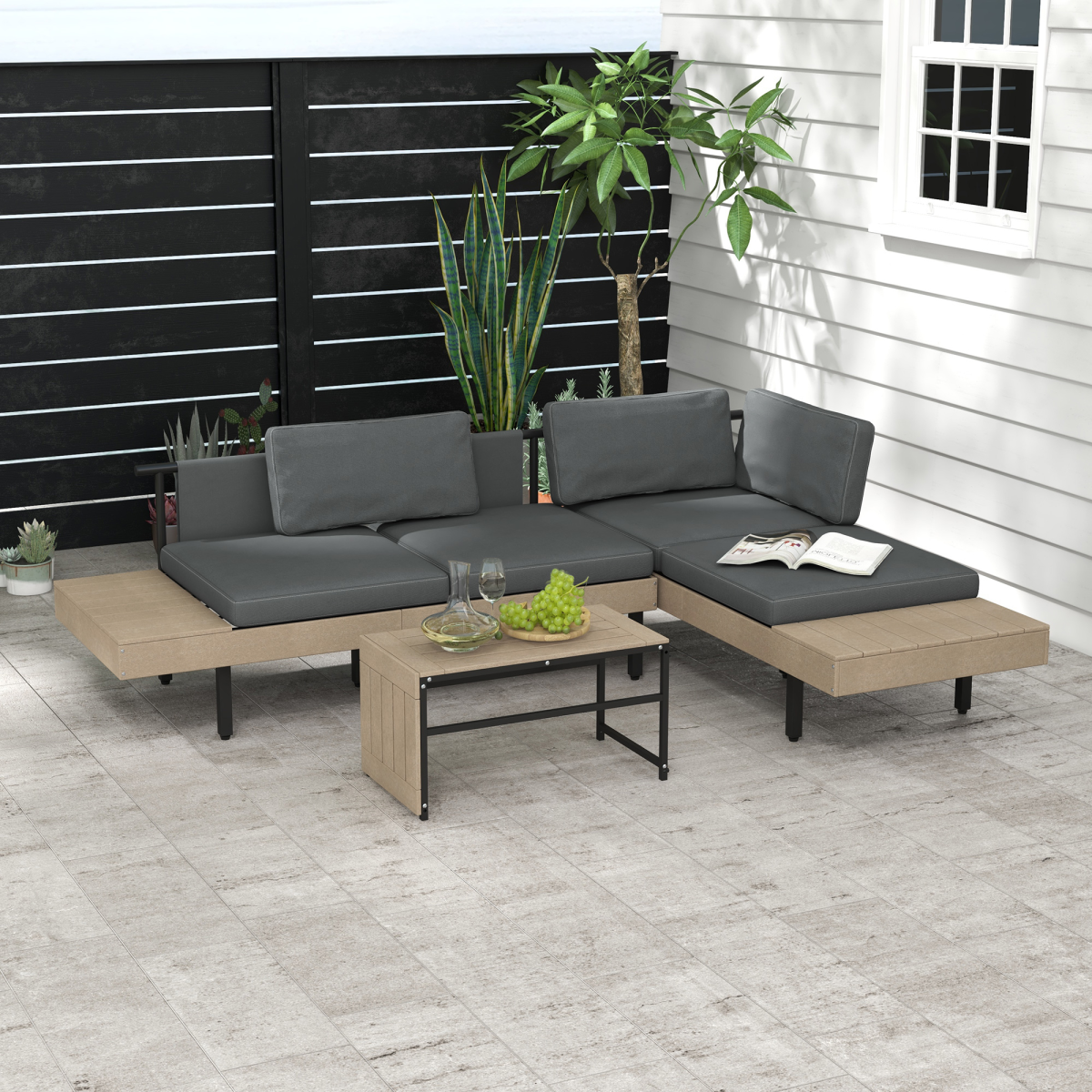 Outsunny 3-Piece HDPE Garden Sofa Set with Cushions, Grey