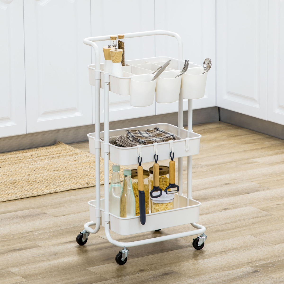 HOMCOM 3-Tier Rolling Utility Cart with Baskets and Hooks, White