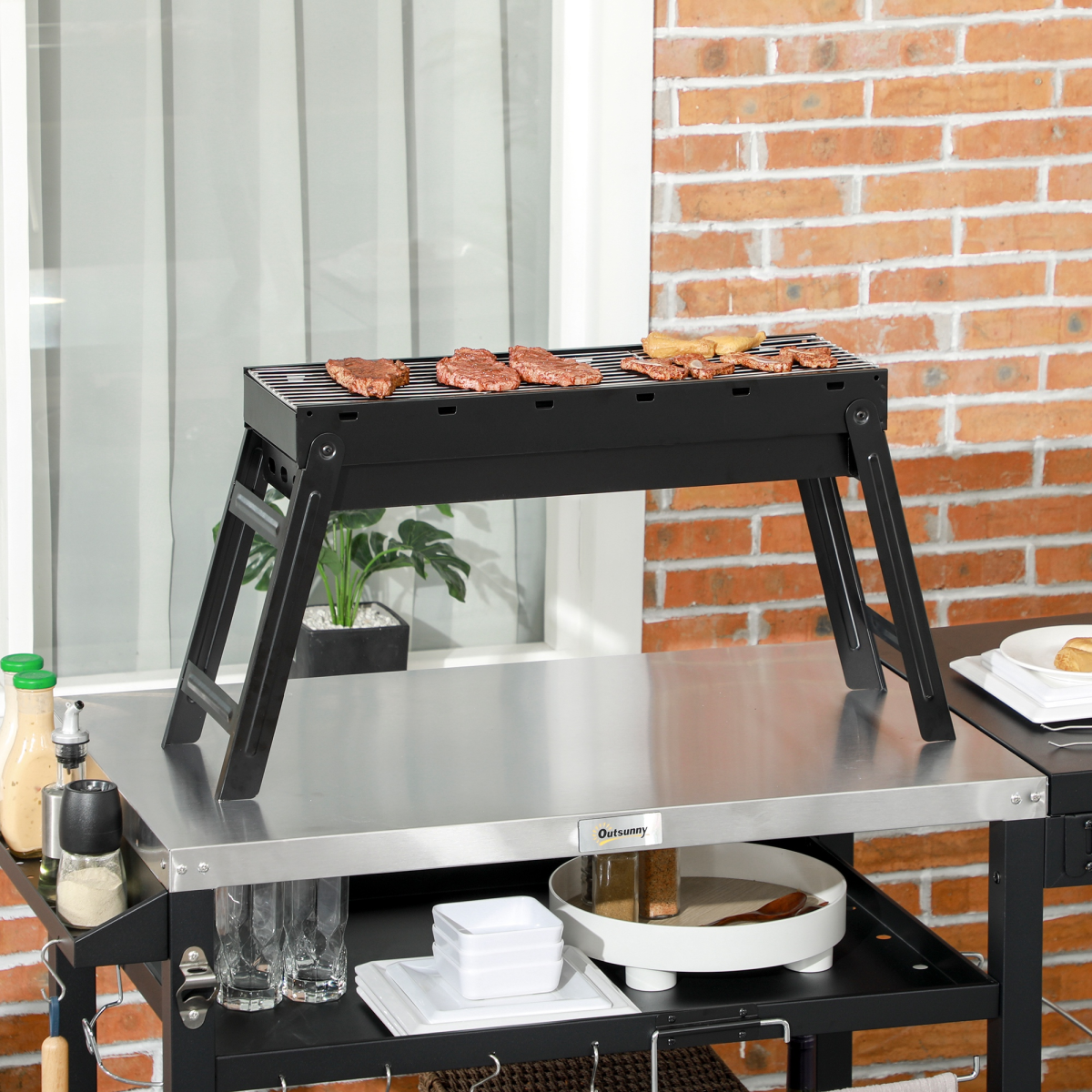 Outsunny Portable Foldable Charcoal Grill with Pull-Out Basin