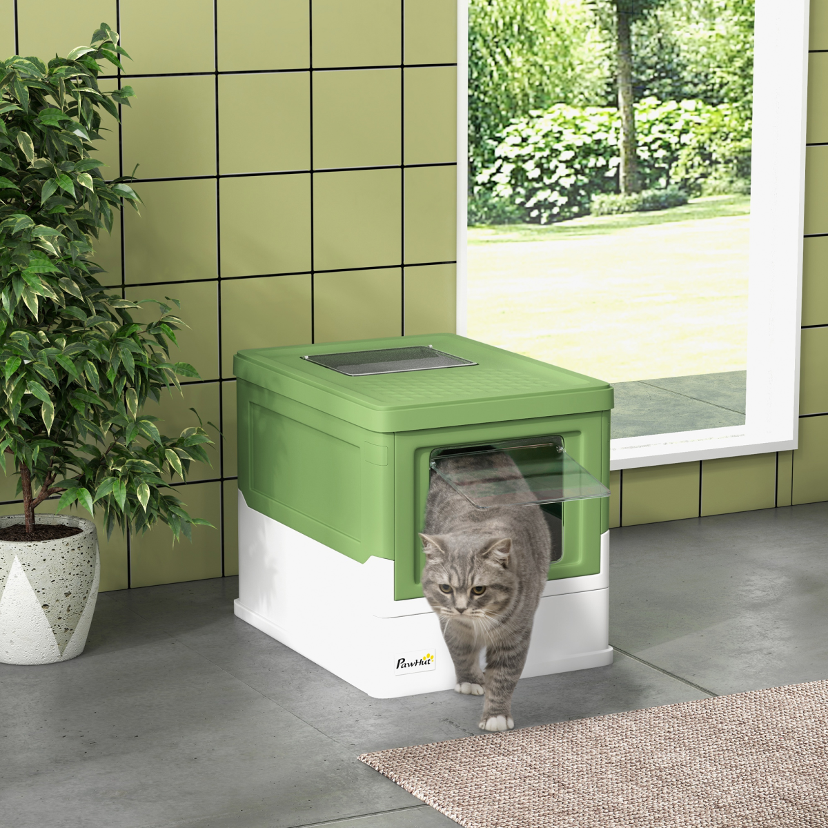 PawHut Enclosed Top-Entry Cat Litter Box with Scoop, Lime Green