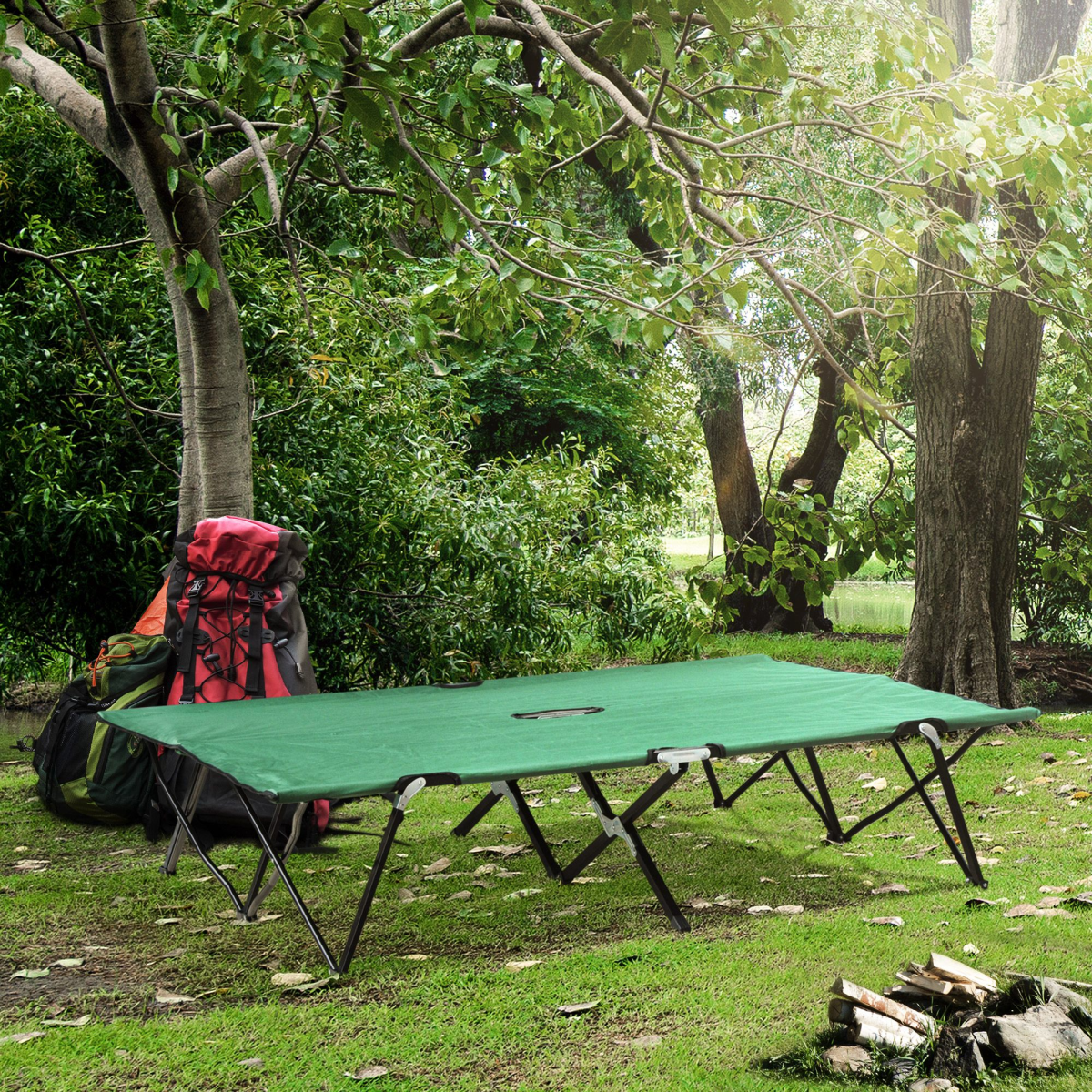 Double Camping Cot for 2 with Carry Bag, Portable, Green