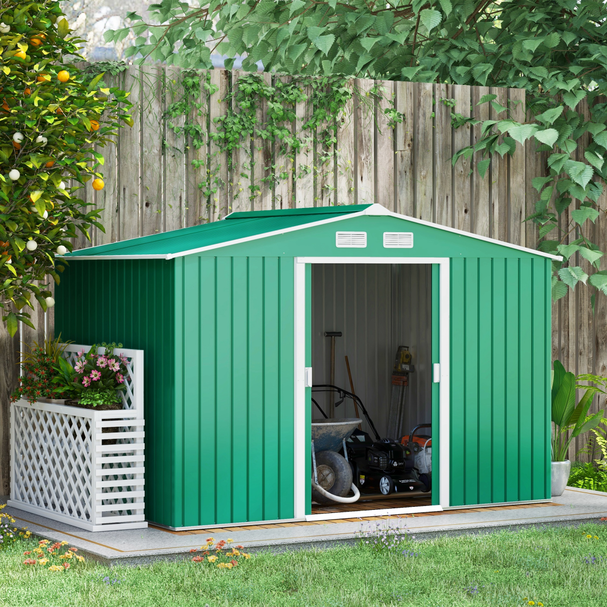 Outsunny Metal 9x6 ft Garden Storage Shed with Sliding Double Doors, Sloping Roof, Floor Foundation Included, Green