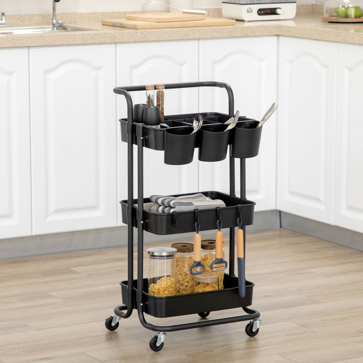 3-Tier Utility Cart Serving Trolley with Mesh Baskets, Removable Boxes, Black, Wheeled Storage Cart