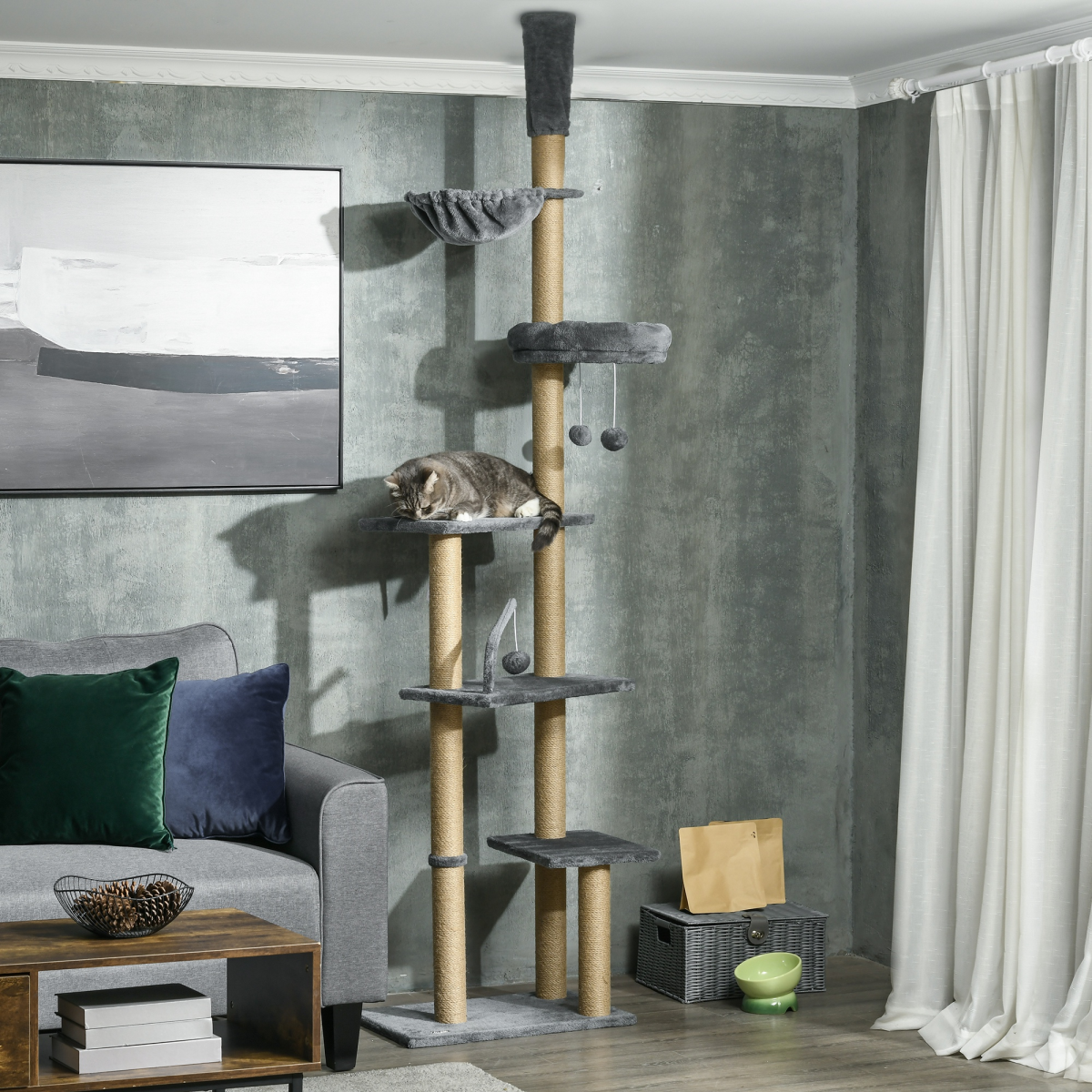 PawHut 6-Tier Floor-to-Ceiling Cat Tree with Bed, Hammock, Grey
