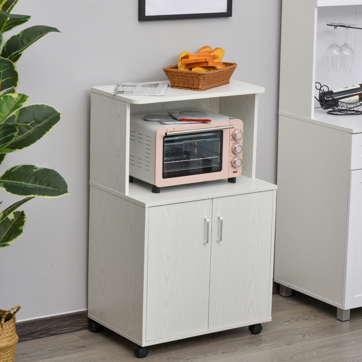 HOMCOM Microwave Cart on Wheels, Kitchen Utility Trolley with Storage Cabinet, Adjustable Shelf, Open Top Compartment, Lockable Wheels, White, 97x60.4x40.3cm