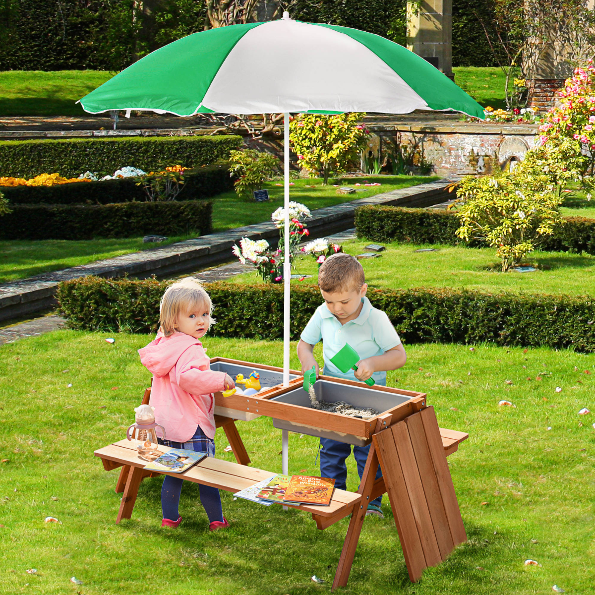 Outsunny Wooden Kids Picnic Table with Benches, Sand and Water Table, Brown