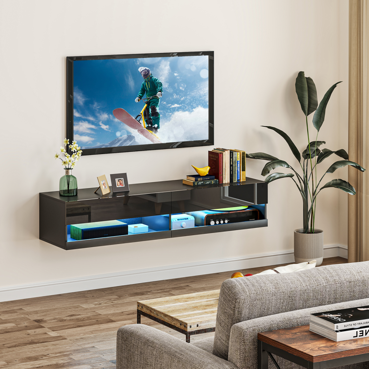 HOMCOM Wall-Mounted Media Console with LED Lights, Storage Shelves, 65" TV Support, High Gloss Black