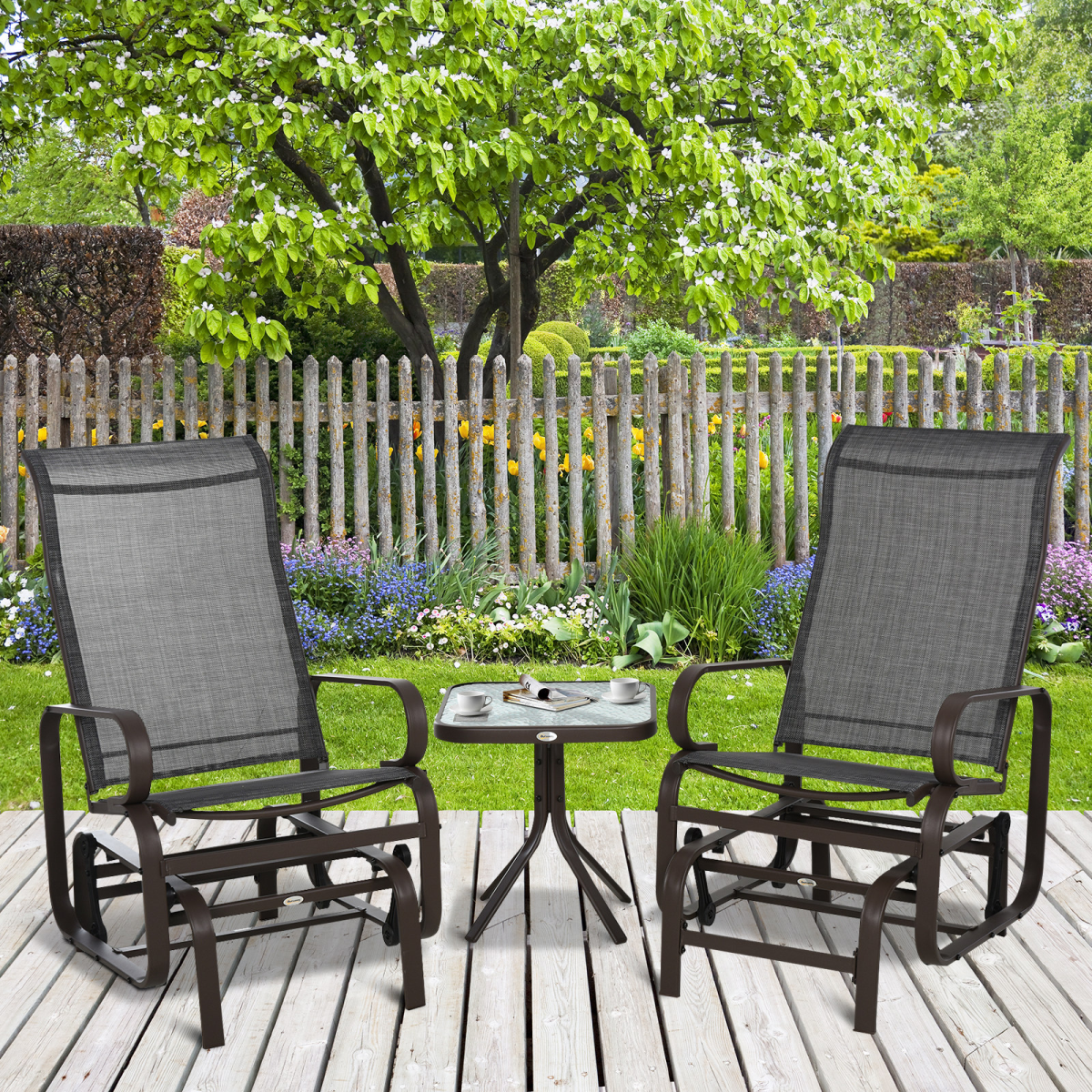 Outsunny 3-Piece Outdoor Swing Chair Set with Tea Table, Patio Garden Rocking Furniture