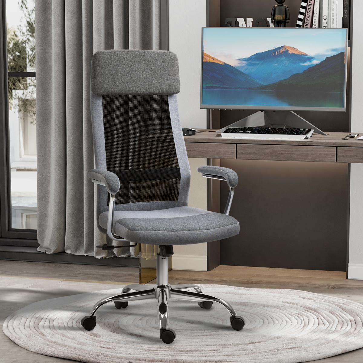 Vinsetto Office Chair Mesh High Back Swivel Task Desk Chair with Armrests, Grey