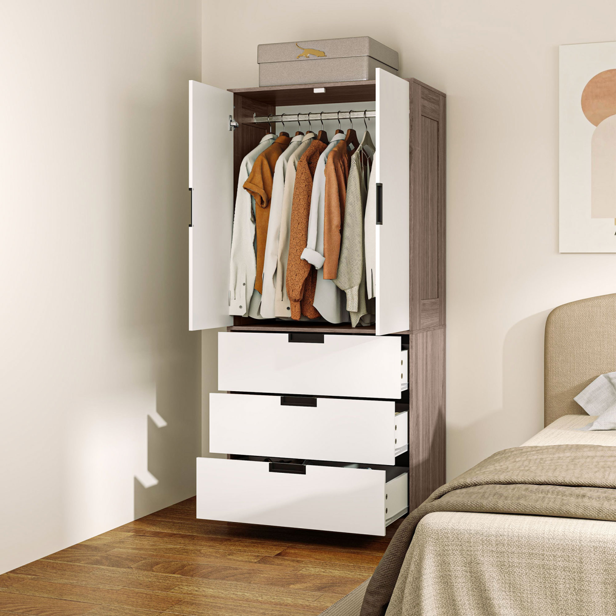HOMCOM 2-Door Brown Wardrobe with 3 Drawers and Hanging Rod