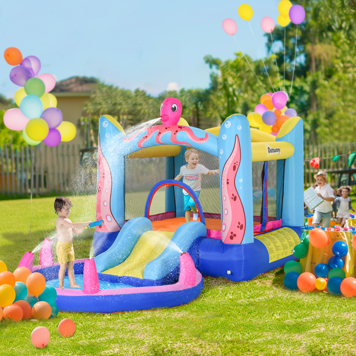 Outsunny Inflatable Water Bounce House with Slide, Pool & Blower