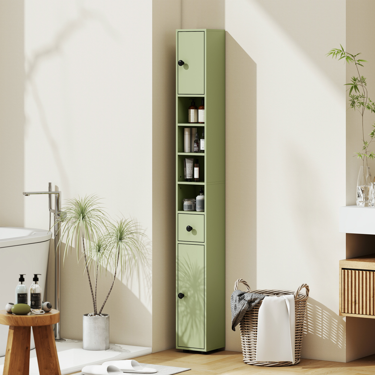 kleankin Slim Bathroom Storage Cabinet with Drawer & Open Shelves, Green