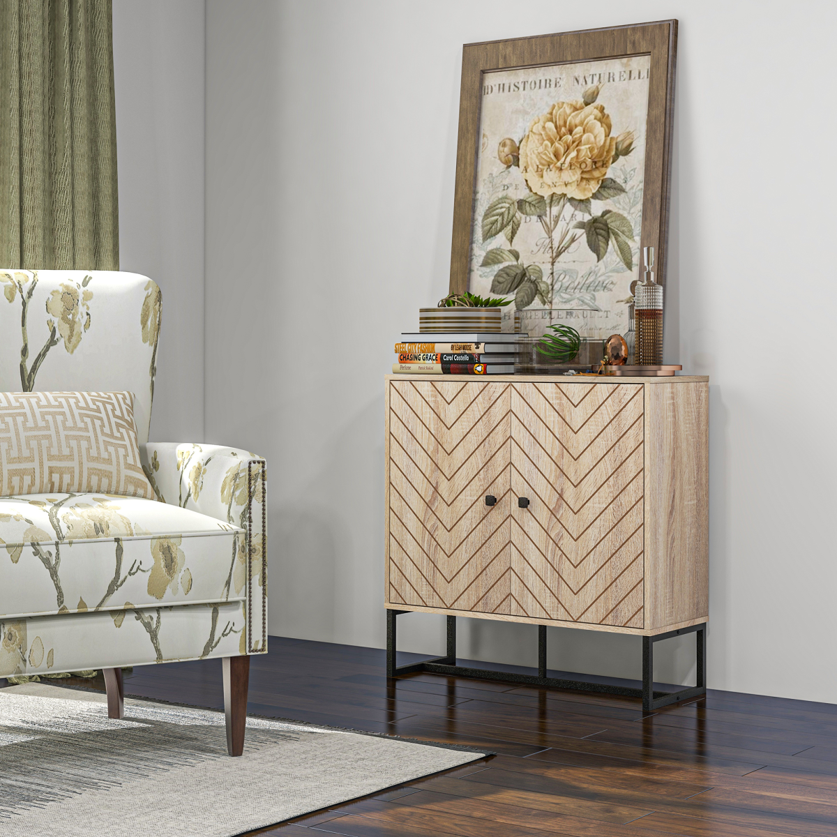 Embossed Arrow Storage Cabinet with Adjustable Shelf and Metal Handles