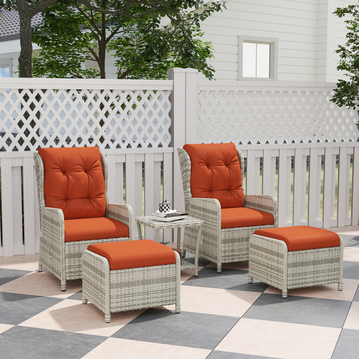 Outsunny 5-Piece Orange Rattan Reclining Garden Furniture Set