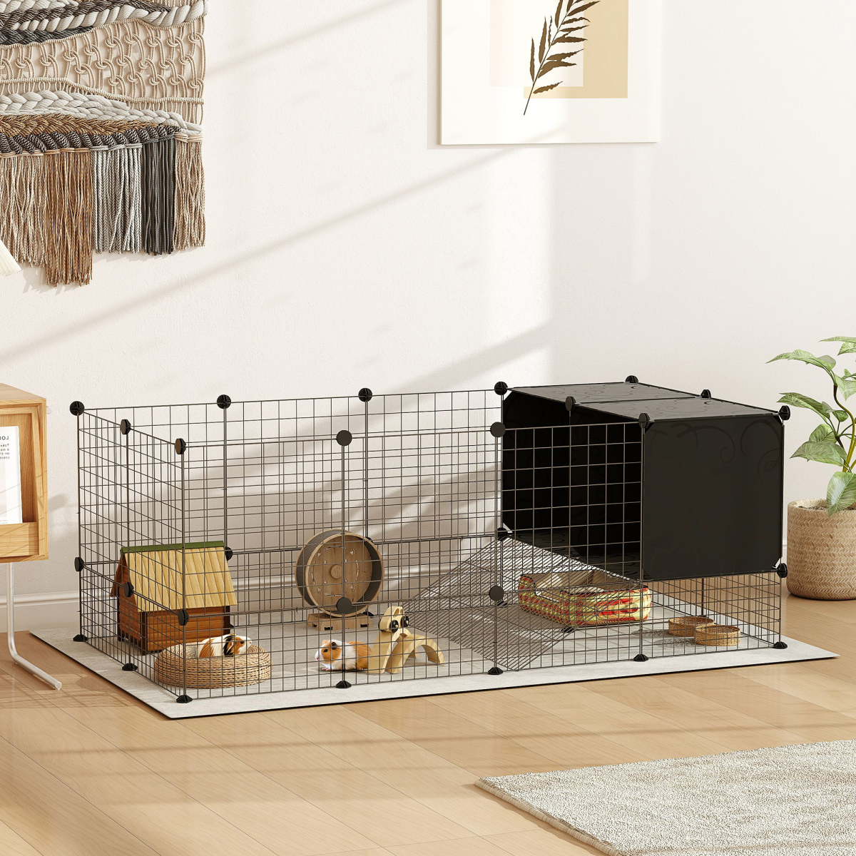 PawHut DIY Small Animal Cage with Elevated Huts for Guinea Pigs, Hedgehogs