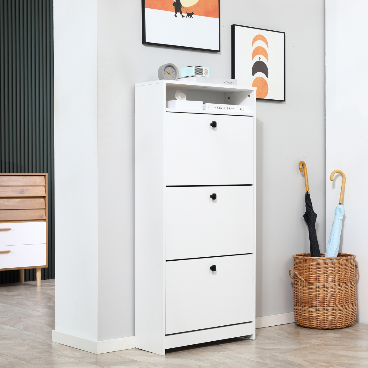 3-Drawer Shoe Storage Cabinet with Upper Shelf, Space-Saving Footwear Organiser, White