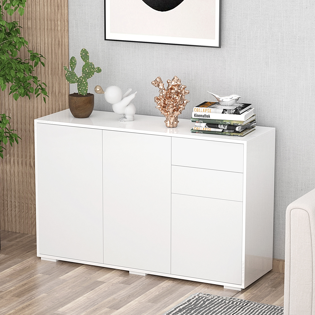 HOMCOM White Side Cabinet with 2 Doors, 2 Drawers, Adjustable Shelf, Push Open Design