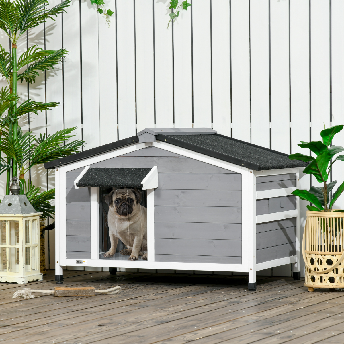 PawHut Outdoor Wooden Dog Kennel with Asphalt Roof, Grey, 97 x 72 x 65cm
