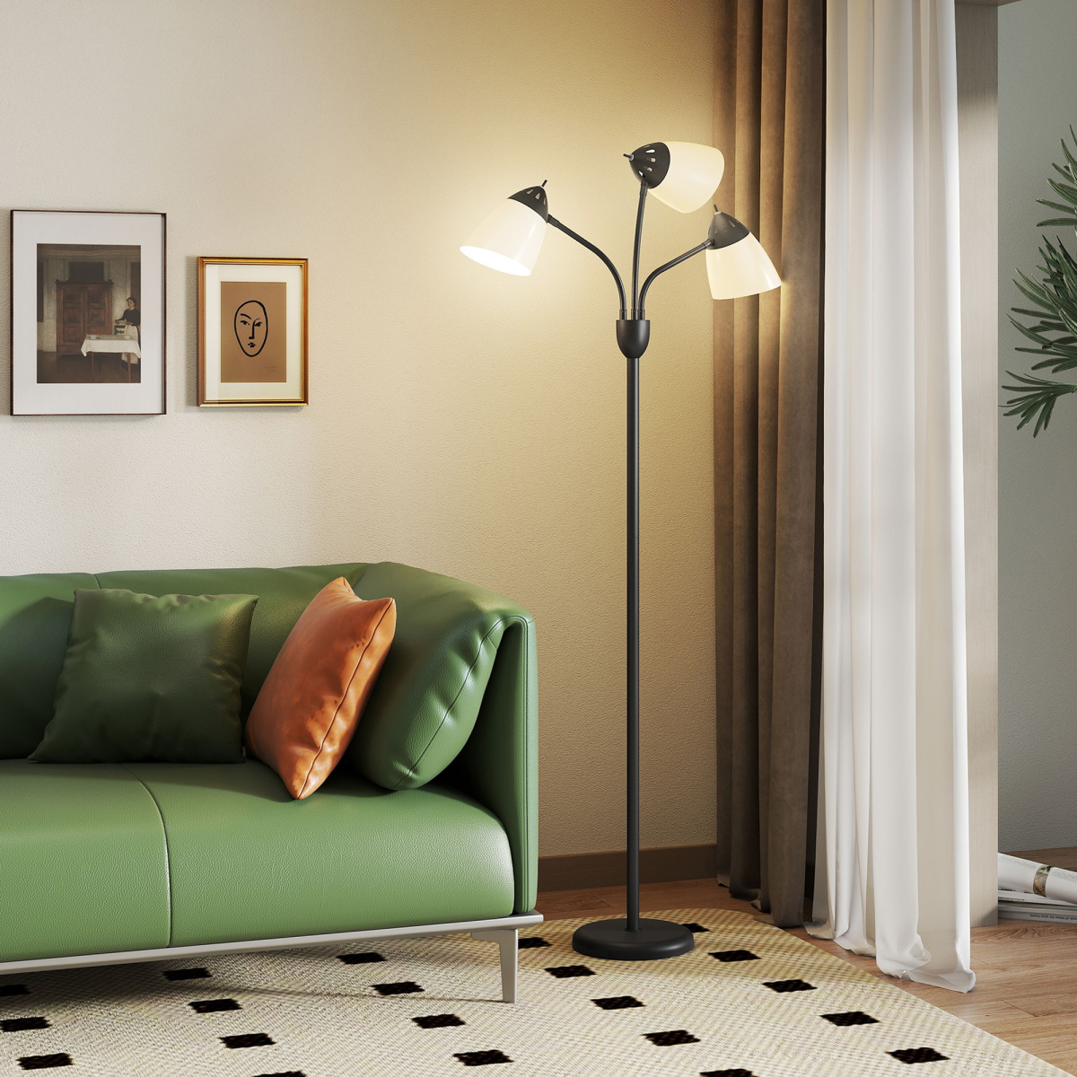 HOMCOM 3-Light Arc Tree Floor Lamp, Flexible Heads, Black, 3000K/4500K/6500K