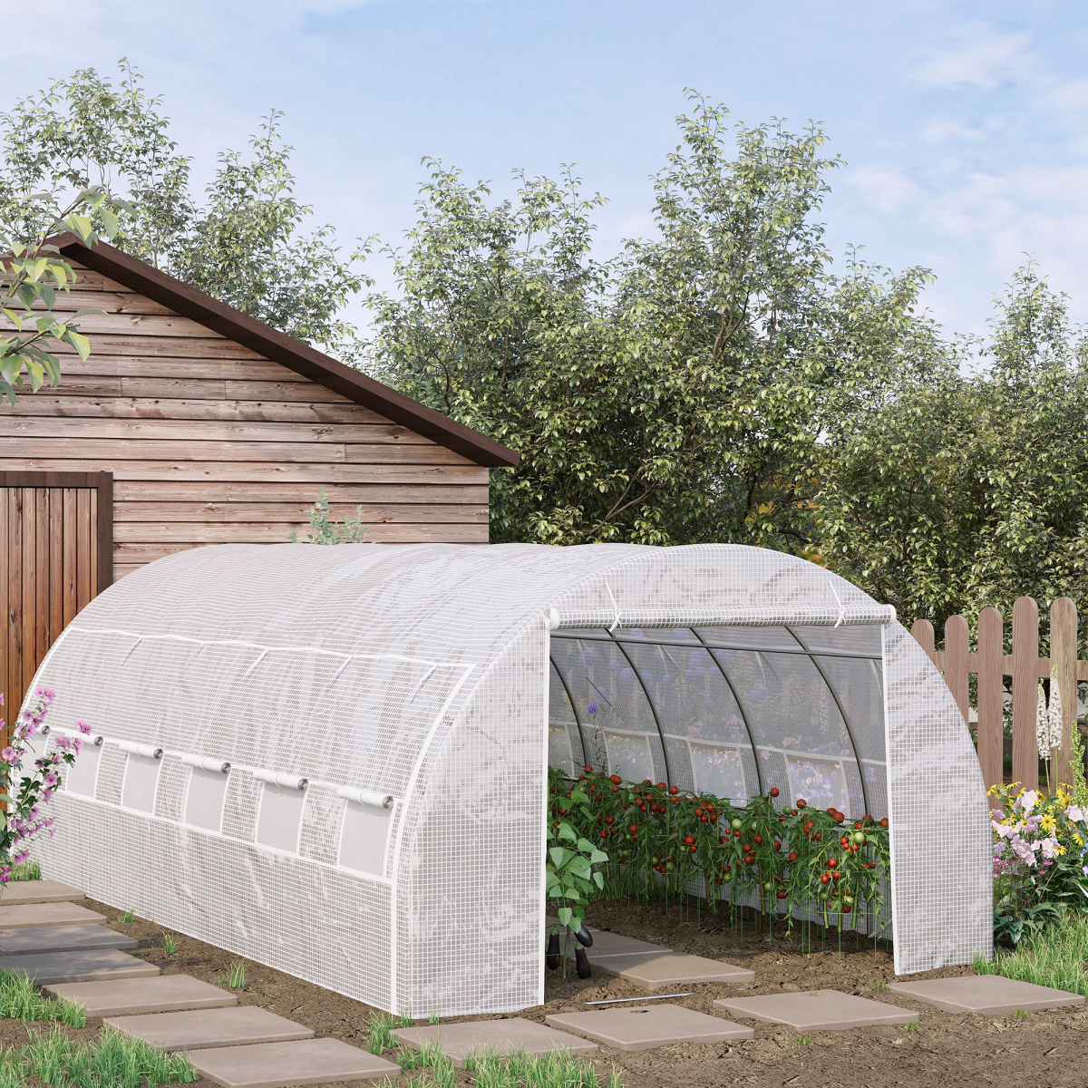 Outsunny 6 x 3 x 2 m Walk-In Polytunnel Greenhouse with Galvanised Steel Frame, Roll-Up Door and 12 Windows, White