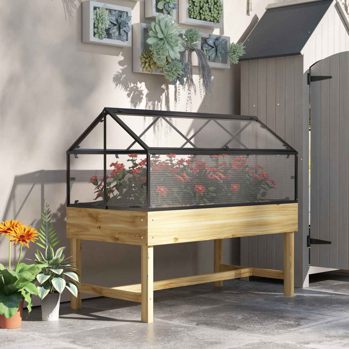 Outsunny Raised Garden Bed with Polycarbonate Cover, Natural Wood Finish