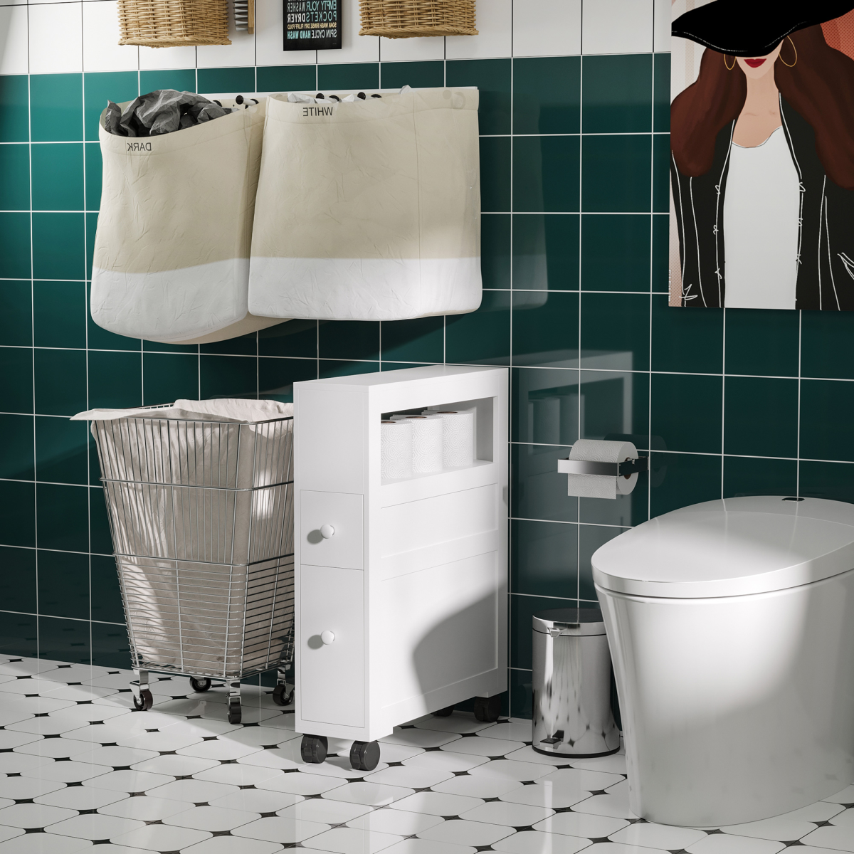 72 x 16cm Narrow Bathroom Storage Unit with 2 Drawers, Open Top and 4 Wheels