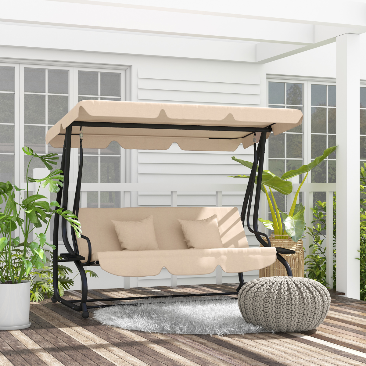 Outsunny 2-in-1 3-Seater Swing Chair with Adjustable Canopy, Light Brown