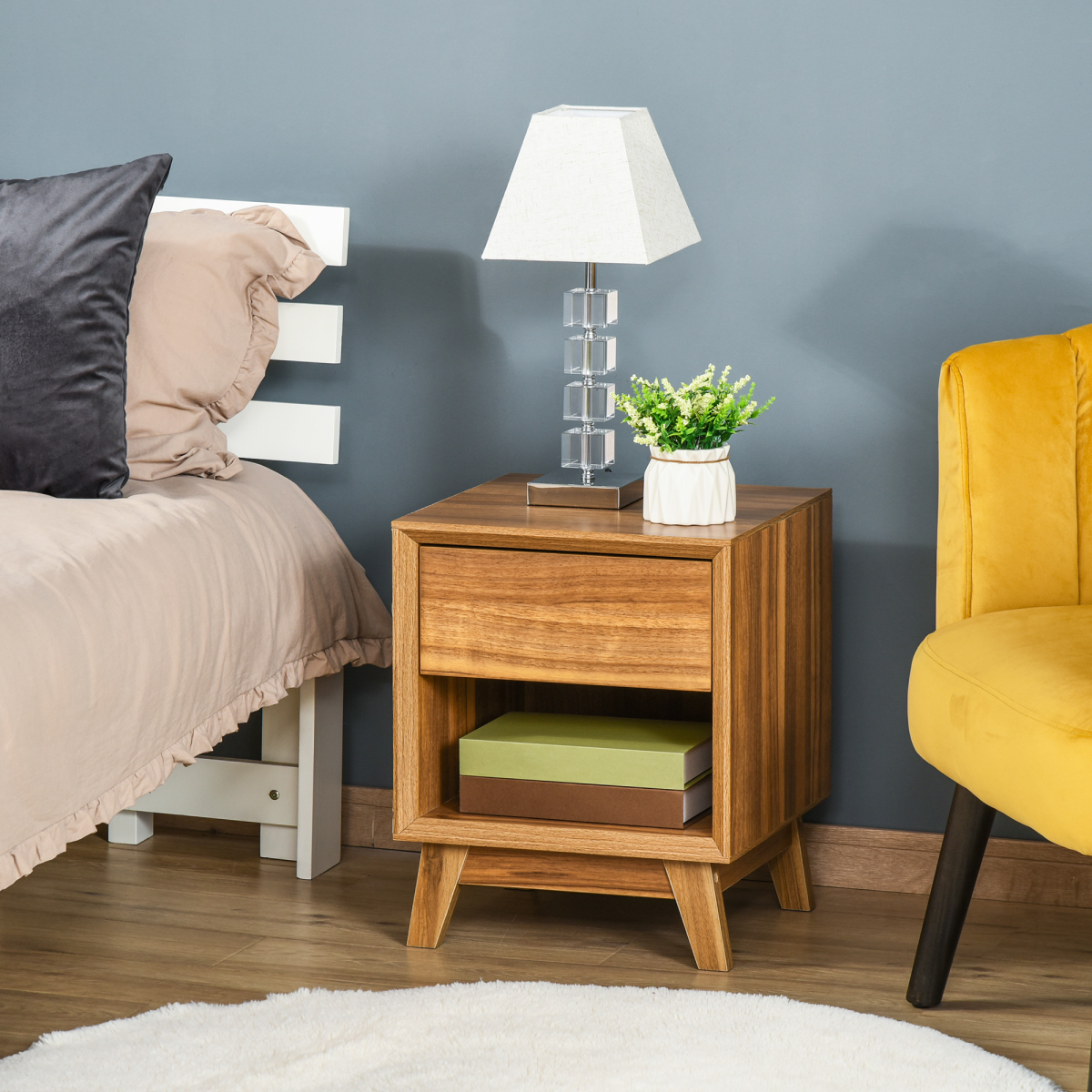 Bedside Table with Drawer and Shelf, Wood-Effect Side Table