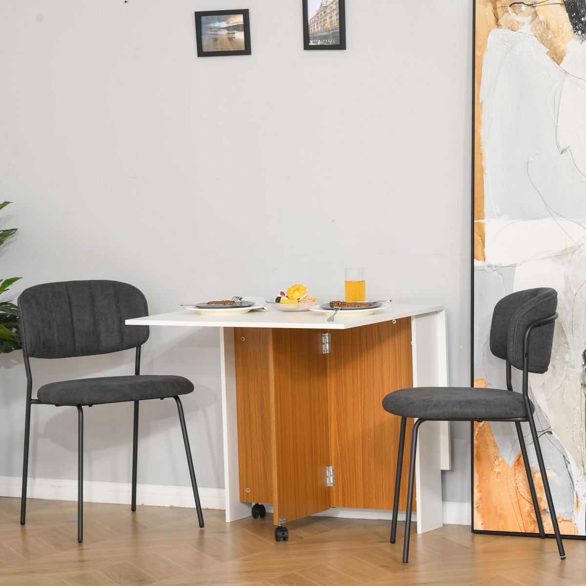 HOMCOM Folding Drop Leaf Dining Table and Writing Desk with Casters, Teak/White