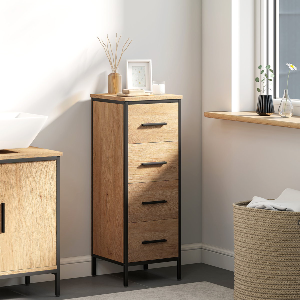 HOMCOM Narrow 4-Drawer Bathroom Storage Cabinet, Oak