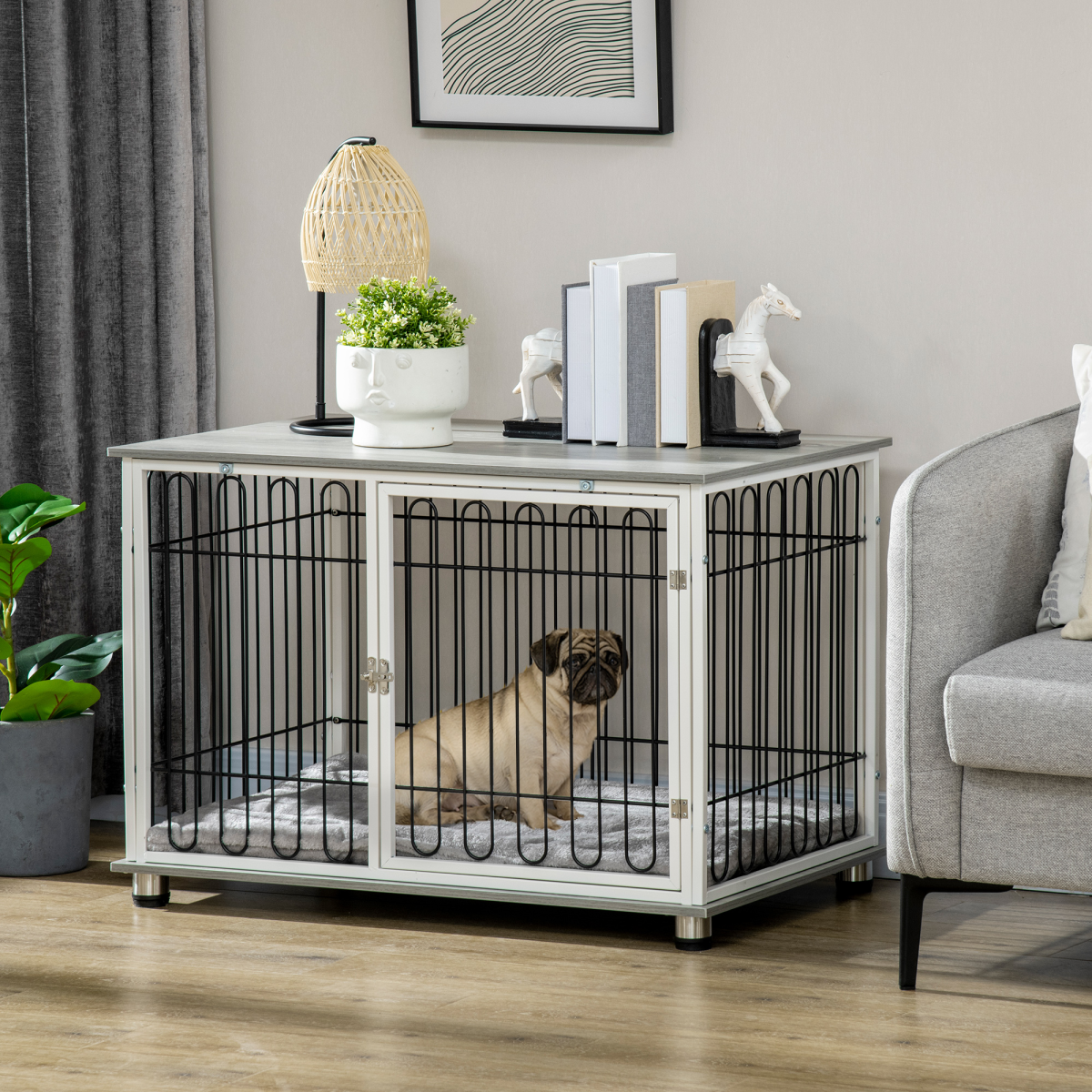 PawHut Dog Crate Furniture End Table with Washable Cushion, Lockable Door