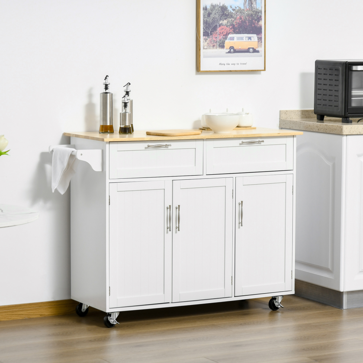 HOMCOM White Kitchen Island Cart with Wooden Top, Drawers & Cabinets