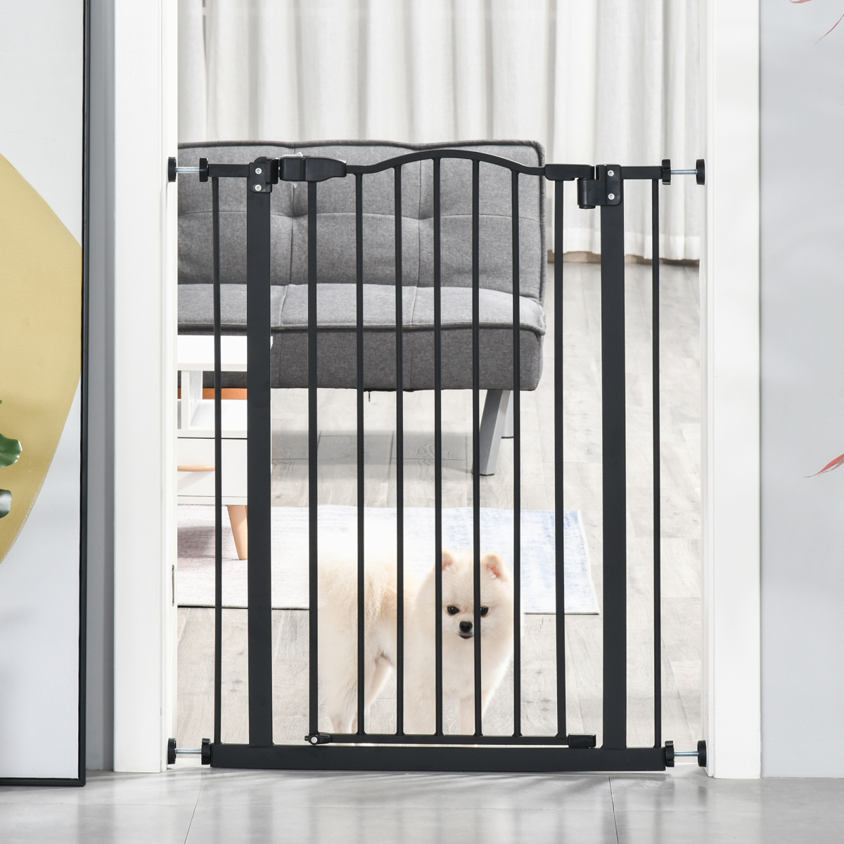 PawHut 74-80cm Adjustable Metal Pet Safety Gate with Auto-Close Auto-Locking Door, Black
